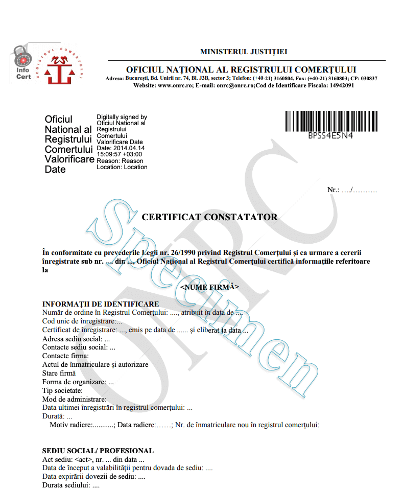 Specimen Certificat Constatator emis de ONRC